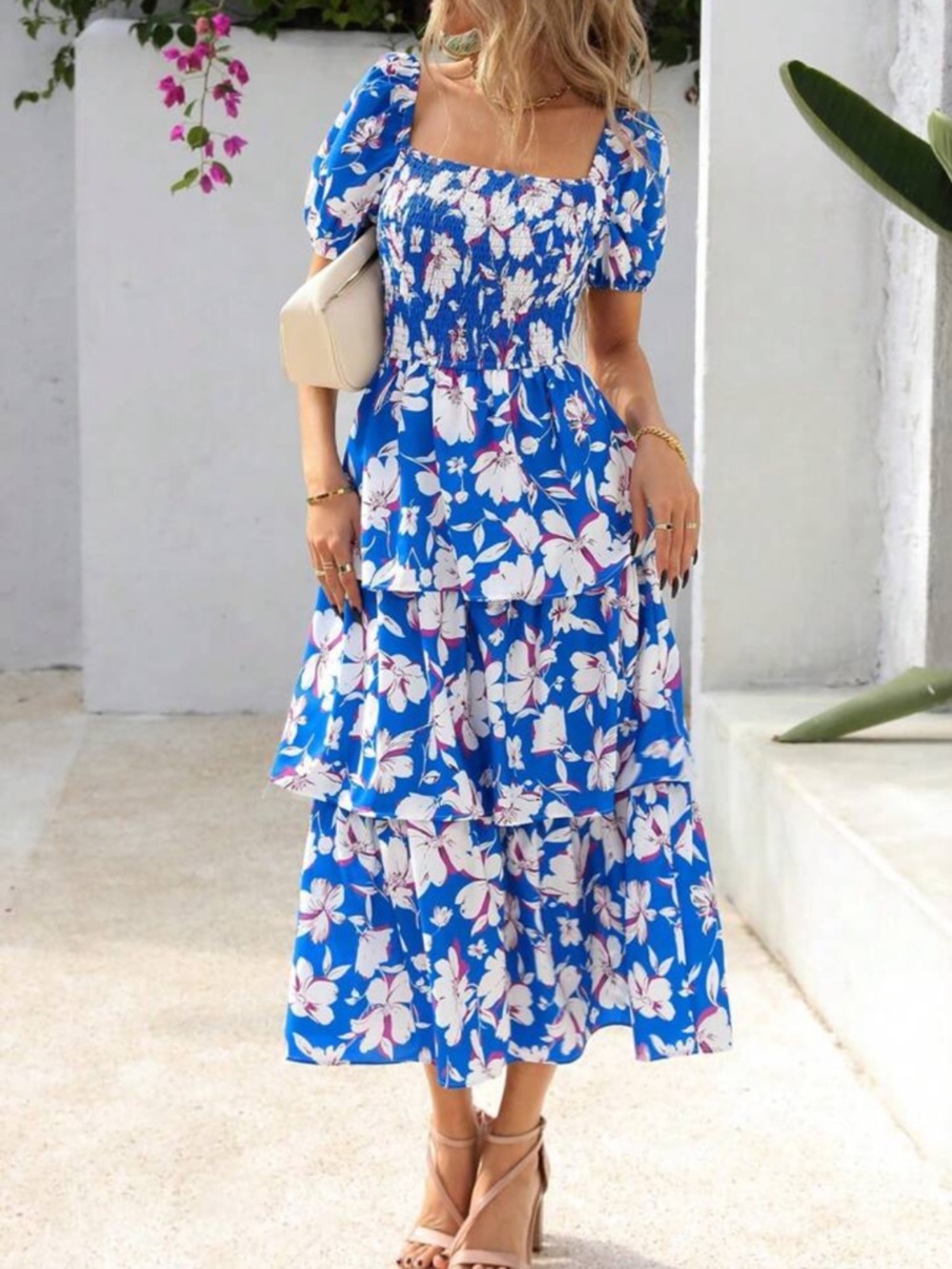 Blue and White Floral Tiered Midi Dress